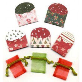 5 Mini Enveloppen & 3 Mini Organza Zakjes - Kerst