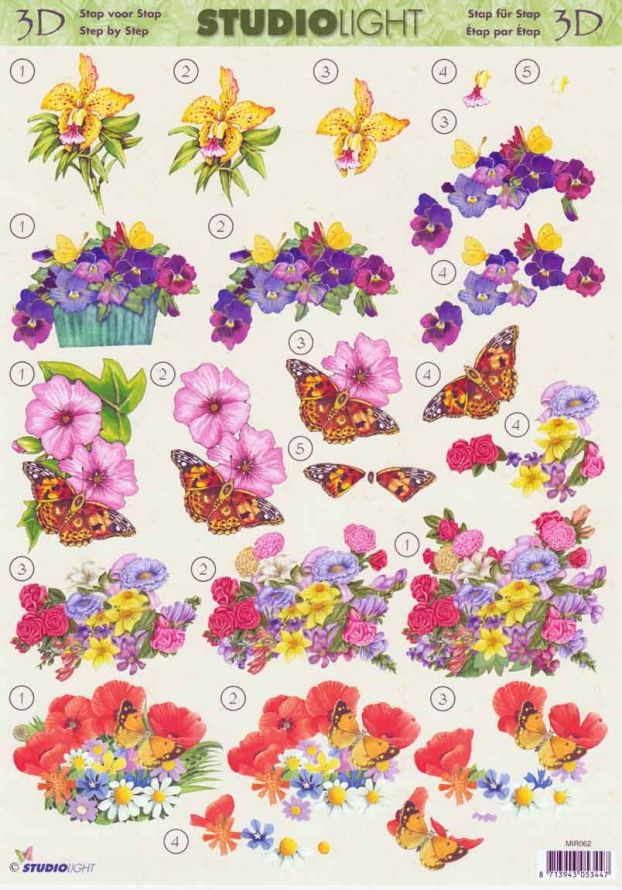 Butterfly - Flowers - 3DA4 Step by Step Decoupage Sheet