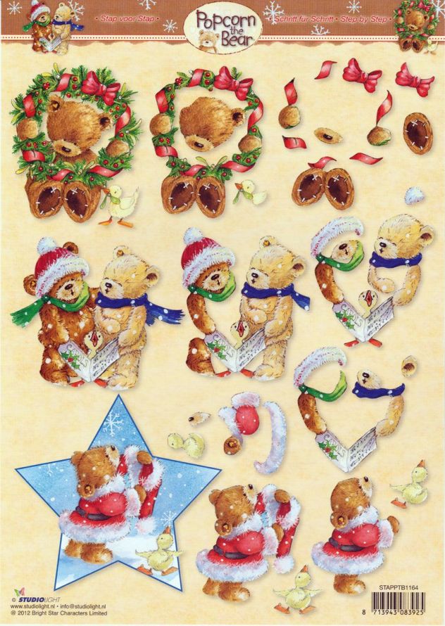Popcorn the Bear Christmas - 3DA4 Step by Step Decoupage Sheet