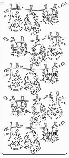 Clothesline with Bib - Bear - Shoes  - Peel-Off Sticker Sheet - Silver